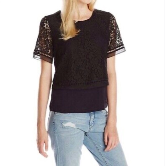 Rebecca Taylor Silk Combo Lace Overlay Blouse - Picture 1 of 11